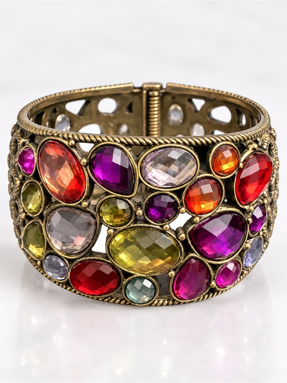 Multicolored Rhinestone Cabochon Hinged 
Brass Filigree Clamper Bangle Bracelet